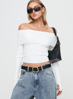 front view of model wearing Princess Polly Morley Off Shoulder Sweater White cropped 