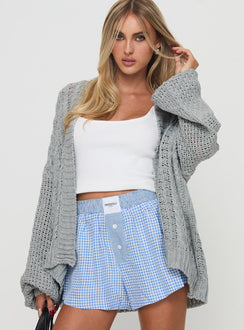 front view of model wearing Princess Polly Abner Cable Cardigan Light Grey 
