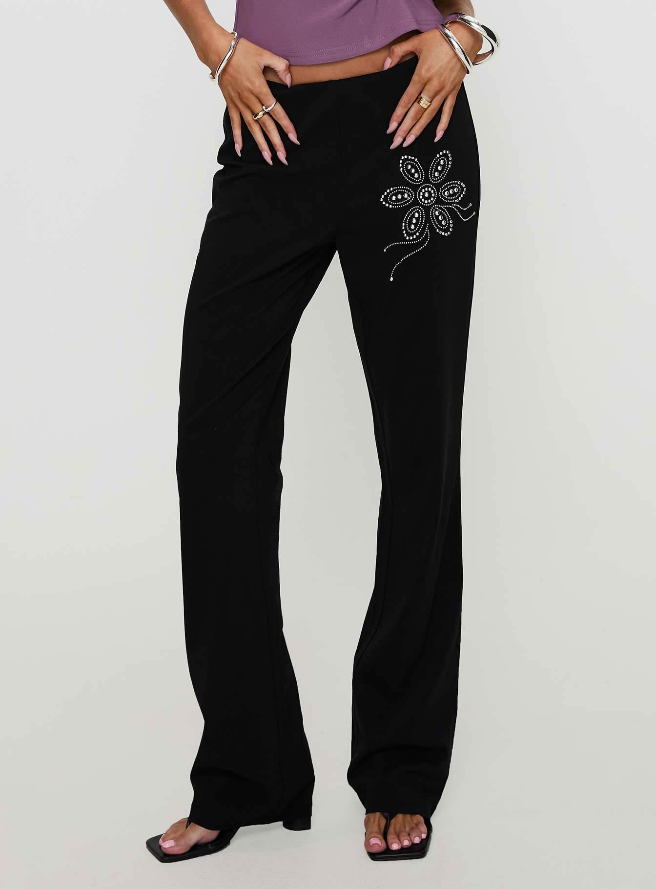 back view of model wearing Princess Polly Quotation Diamante Flare Pants Black Low Rise Pants 