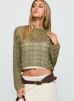 front view of model wearing Princess Polly Birdena Sweater Green Cropped Jumpers Jumpers 