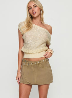   front view of model wearing Princess Polly Katlynne Button Detail Mini Skirt Washed Beige Mini Skirts Skirts 