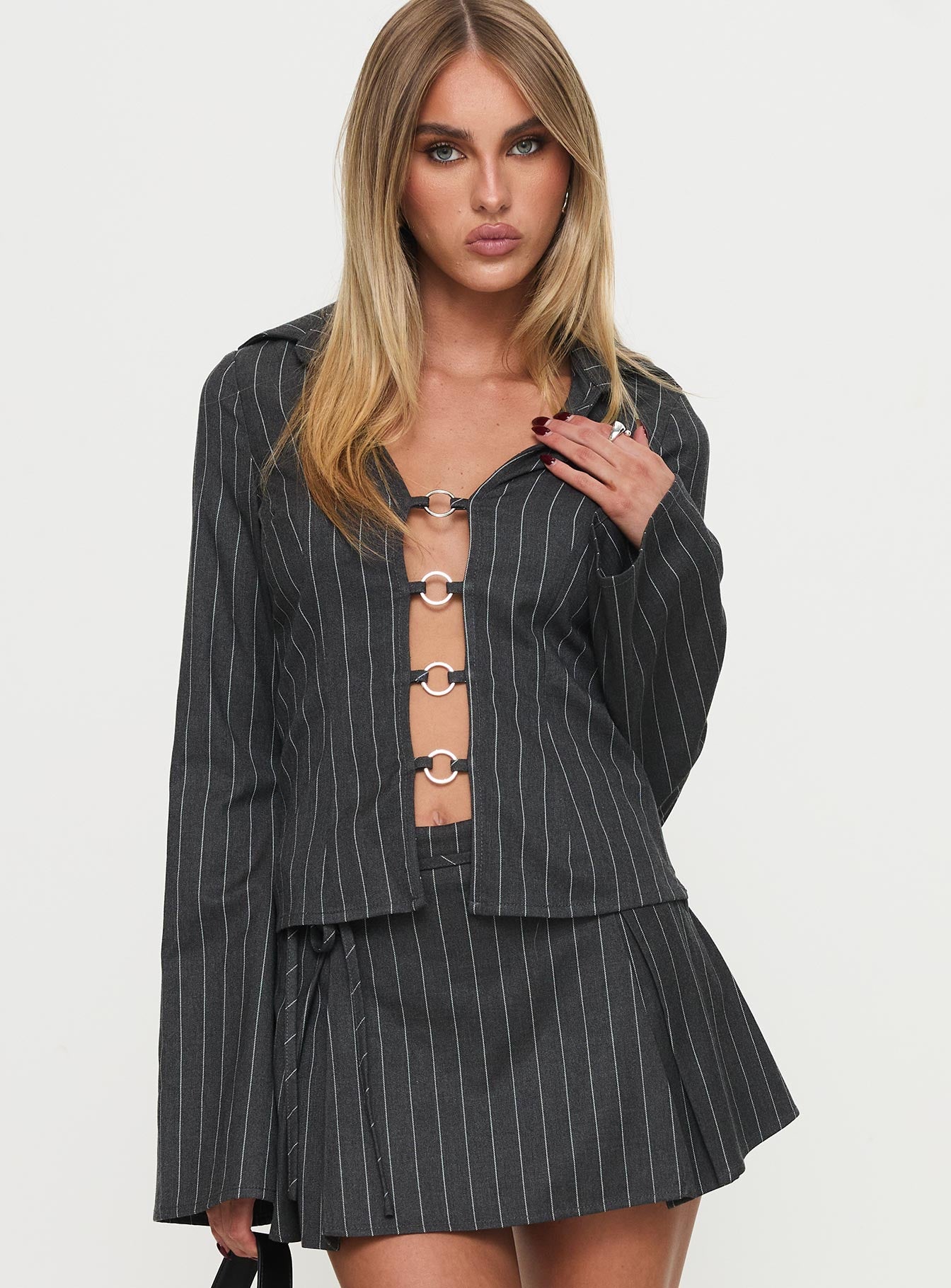 back view of model wearing Princess Polly Saraya Long Sleeve Ring Top Grey Pinstripe Full Sleeves Plunger 