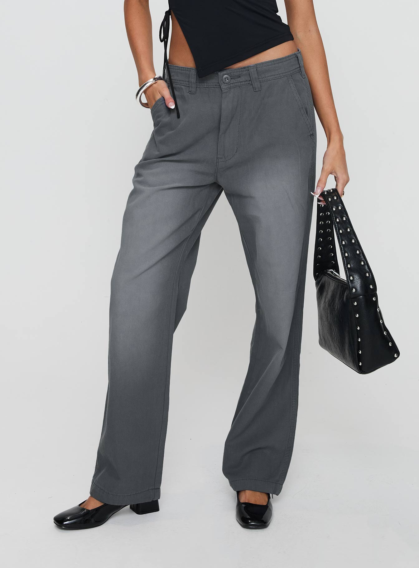front view of model wearing Princess Polly Workwear Pant Petrol High Waisted Pants 