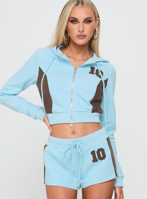 front view of model wearing Princess Polly Notable Double Zipper Jumper Blue cropped 