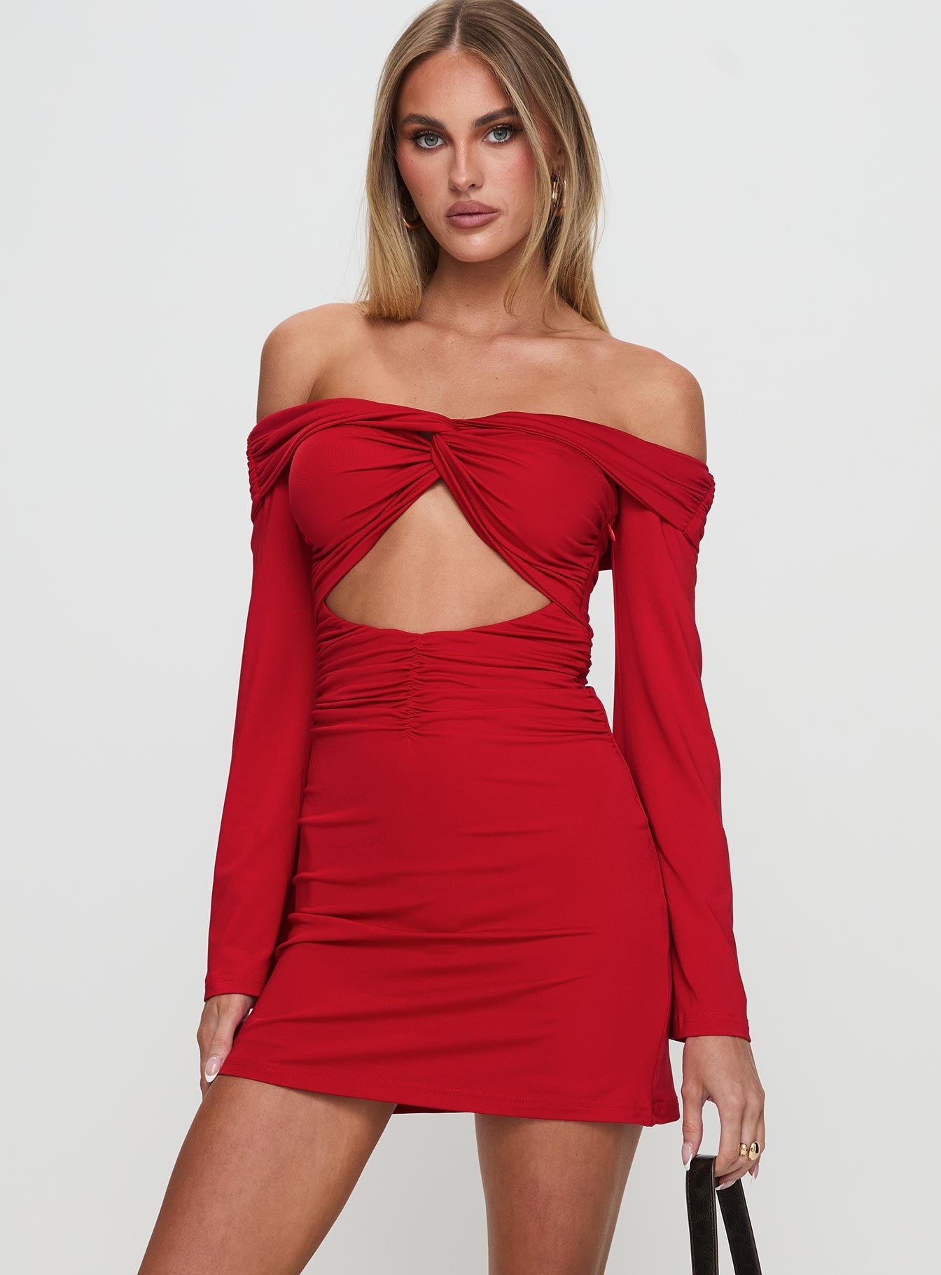 front view of model wearing Princess Polly Vistoria Long Sleeve Mini Dress Red Straight Neck 
