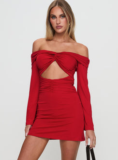 front view of model wearing Princess Polly Vistoria Long Sleeve Mini Dress Red Straight Neck 