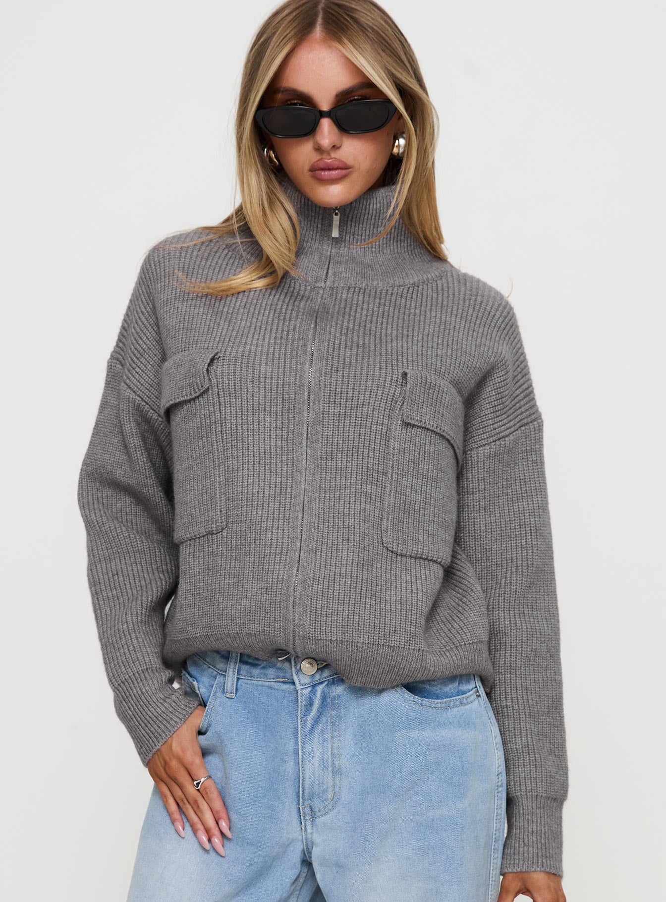 front view of model wearing Princess Polly Too Busy Zip Up Sweater Grey Cropped 