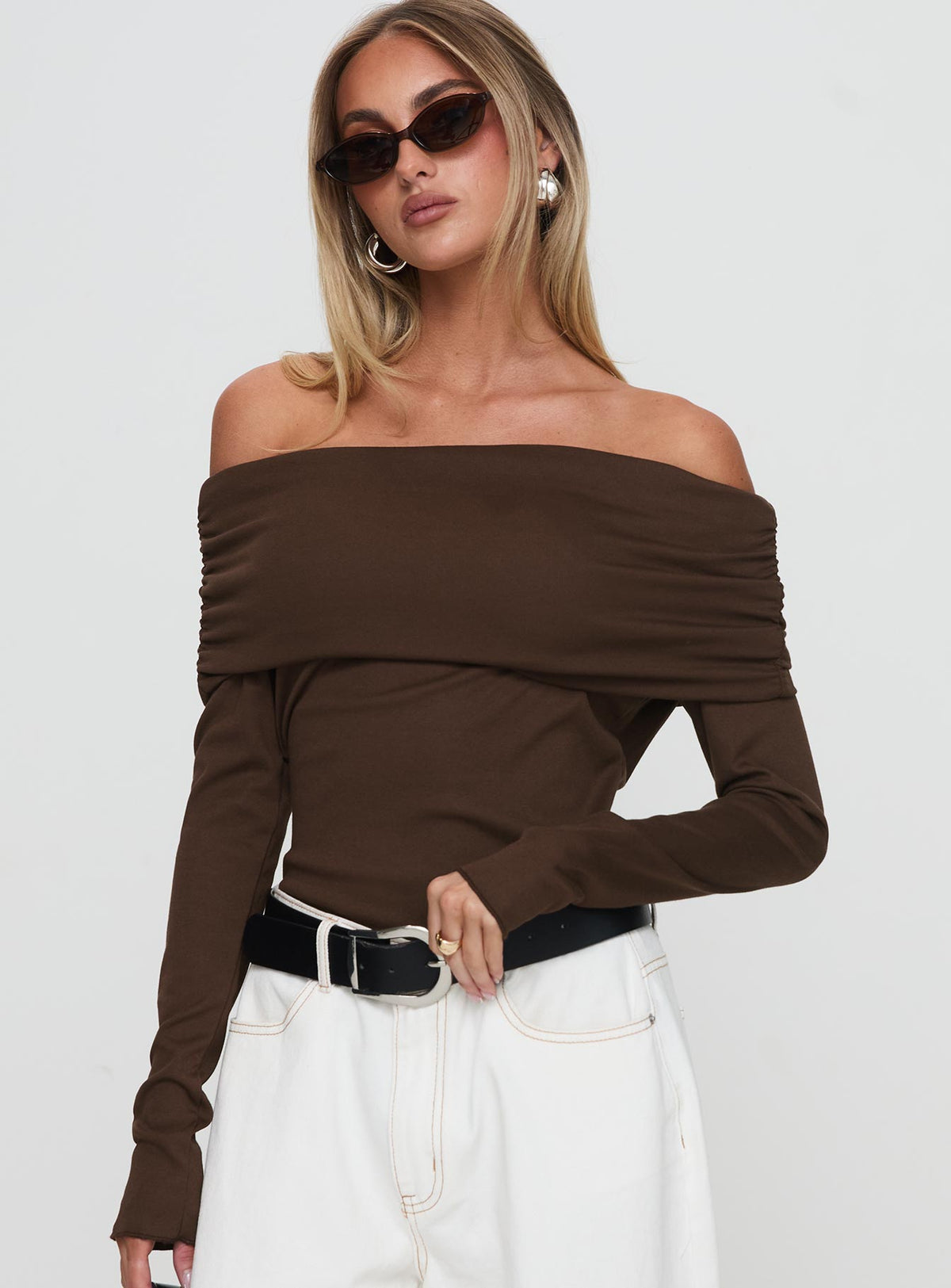 front view of model wearing Princess Polly Spoilt Off The Shoulder Bodysuit Brown Long Sleeve Tops 