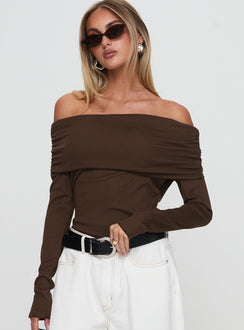 front view of model wearing Princess Polly Spoilt Off The Shoulder Bodysuit Brown Long Sleeve Tops 