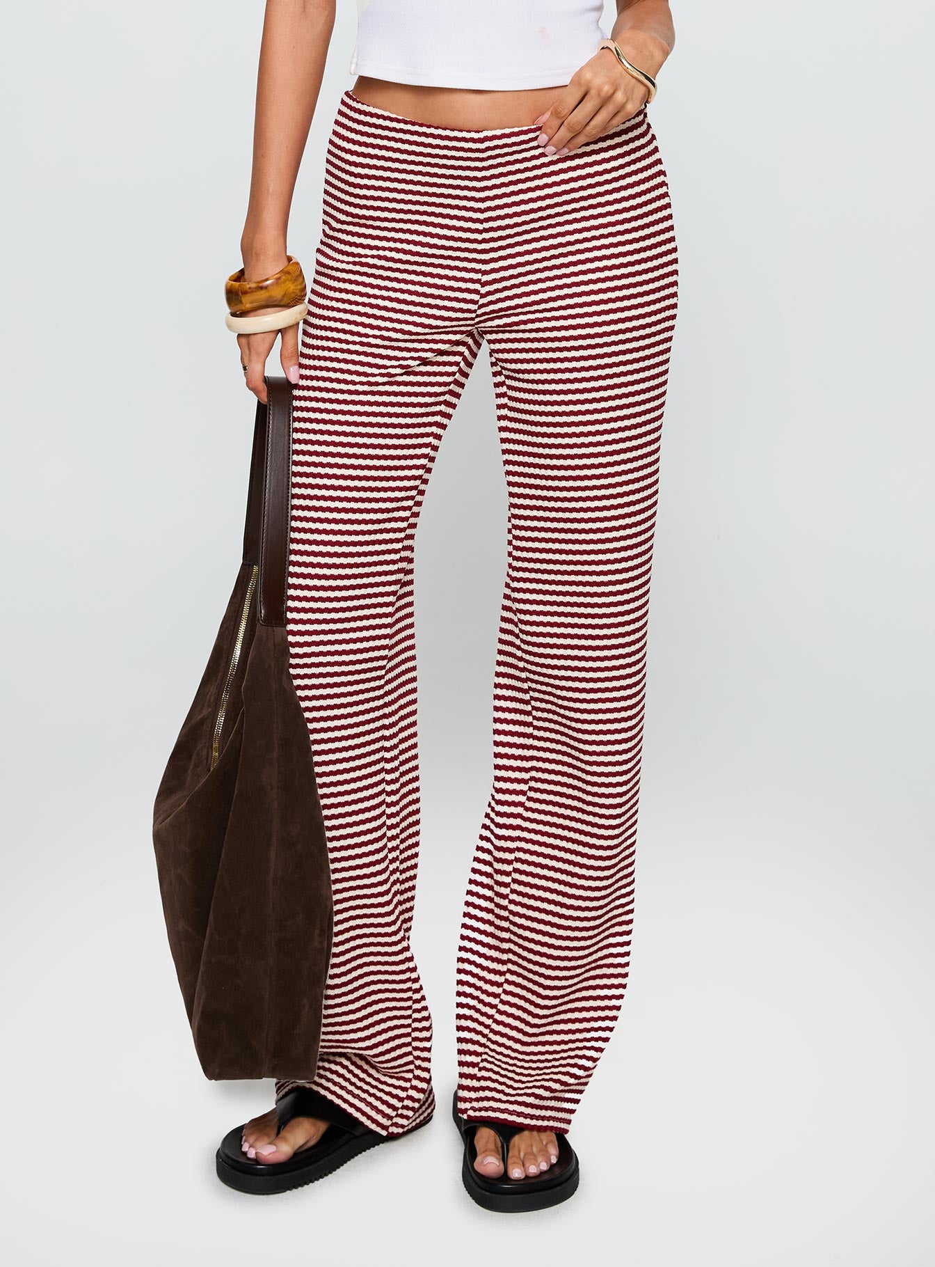 back view of model wearing Princess Polly Next To Me Lounge Pant Red / White Stripe Low Rise Pants 