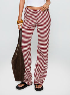 back view of model wearing Princess Polly Next To Me Lounge Pant Red / White Stripe Low Rise Pants 