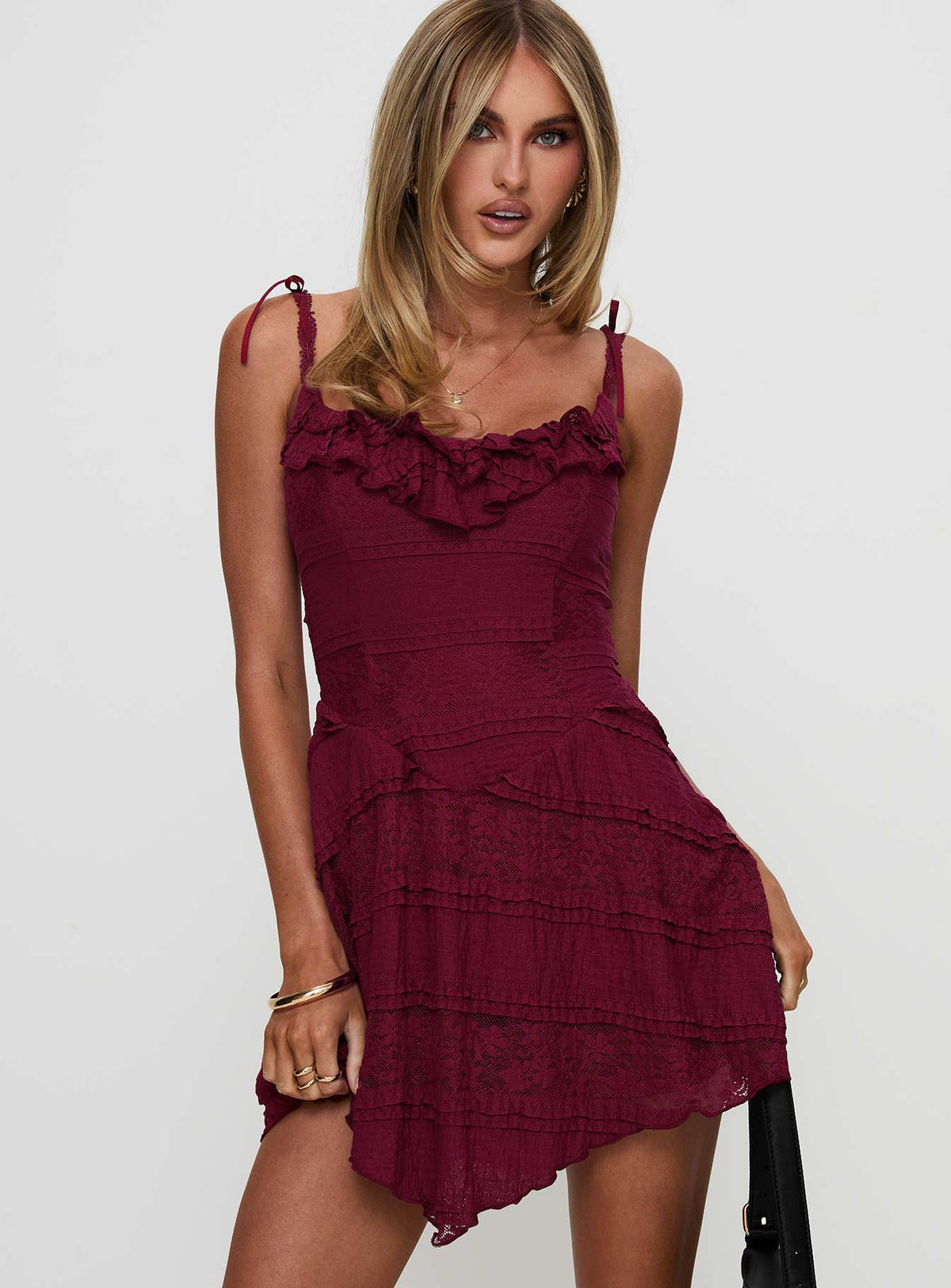 front view of model wearing Princess Polly Dwyer Mini Dress Burgundy Sweetheart Neckline 