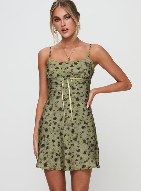 front view of model wearing Princess Polly Valencia Mini Dress Sage Floral Scoop Neck 