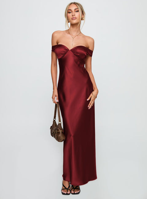front view of model wearing Princess Polly Heartthrobs Off The Shoulder Maxi Dress Red Sweetheart Neckline 