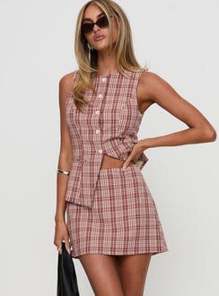   front view of model wearing Princess Polly Theodosia Mini Skirt Red Check Mini Skirts Skirts 