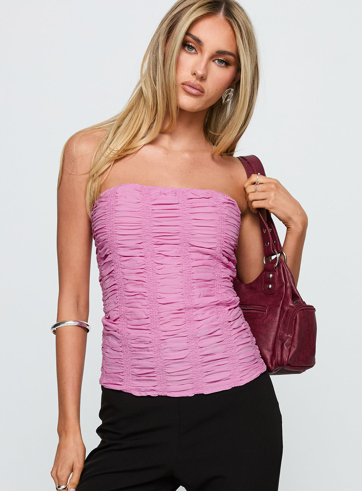 back view of model wearing Princess Polly Star Quality Strapless Ruched Top Pink Sleeveless straight 