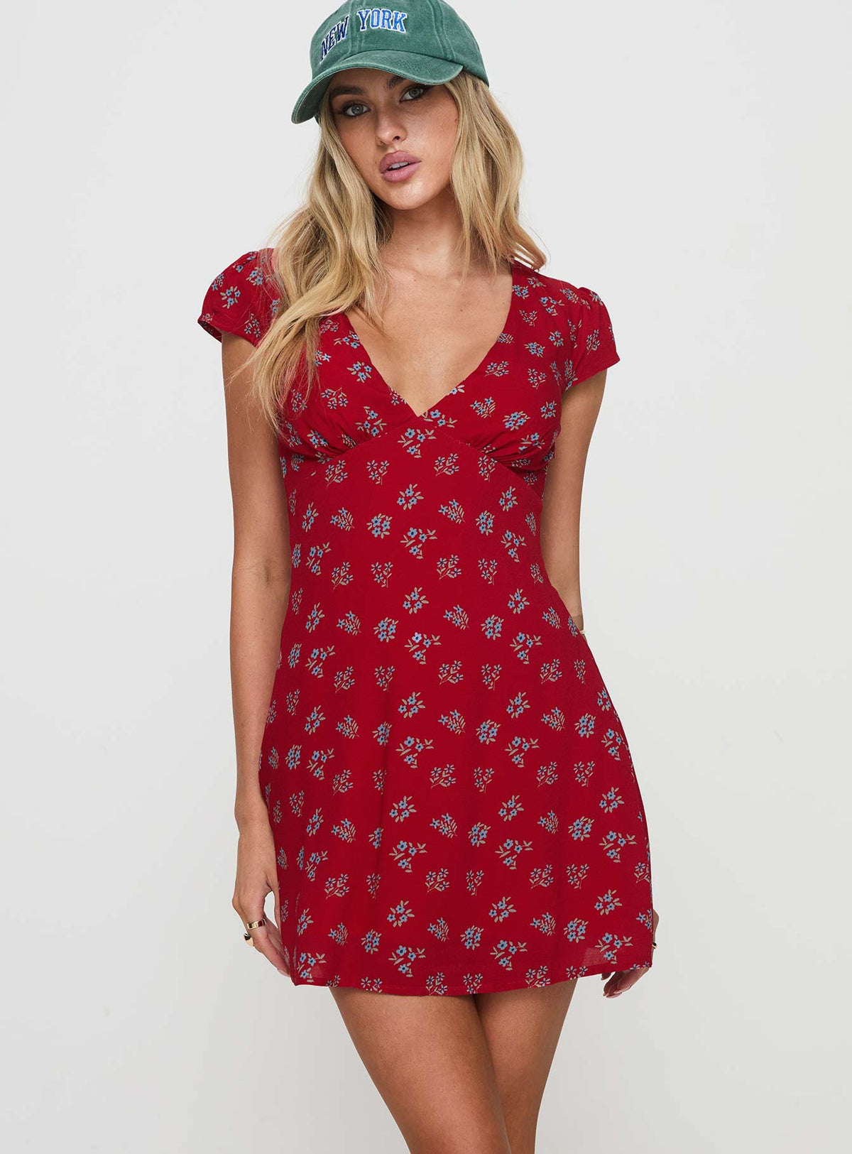 front view of model wearing Princess Polly Cannelloni Mini Dress Red Plunger 