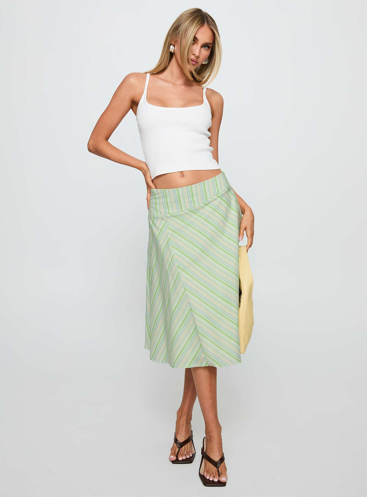 back view of model wearing Princess Polly Vettie Midi Skirt Green Multi Midi Skirts 