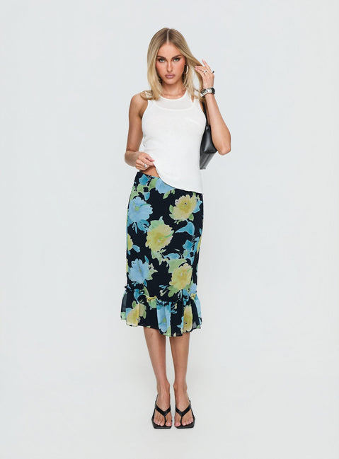   front view of model wearing Princess Polly Tarla Midi Skirt Crystal Black Flower Midi Skirts 