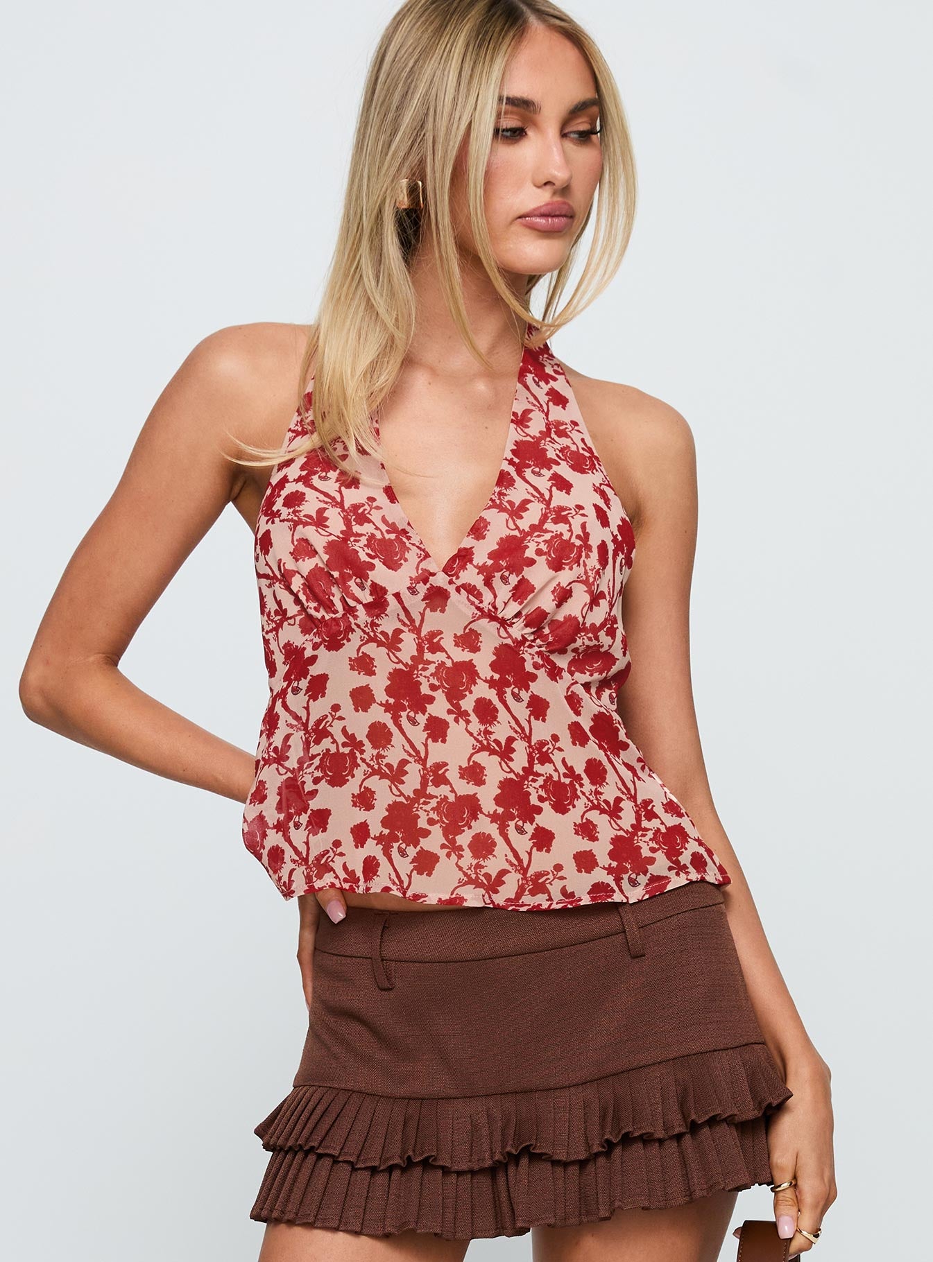 front view of model wearing Princess Polly Two Ghosts Low Back Halter Top Red Floral Sleeveless V-Neck 