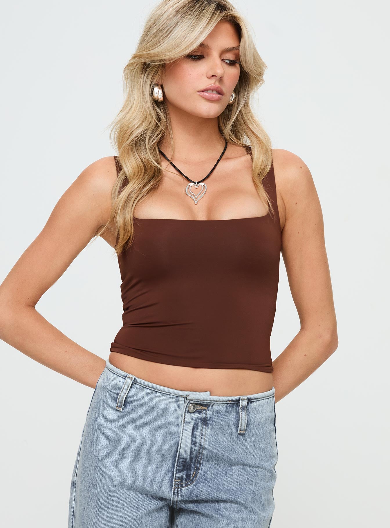 front view of model wearing Princess Polly Back In Time Top Brown Sleeveless Square Neck 