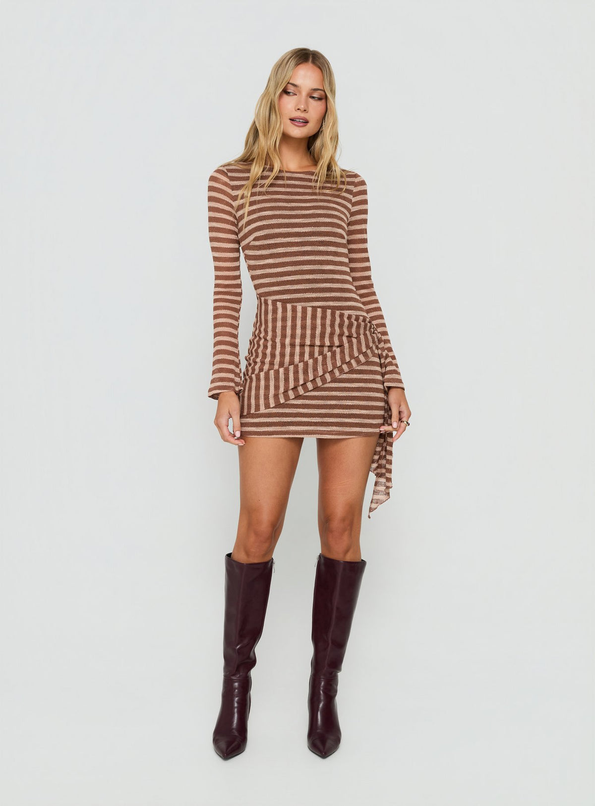 Avenor Long Sleeve Tie Detail Mini Dress Brown / Yellow Stripe