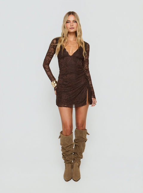 Airabella Long Sleeve Lace Mini Dress Chocolate
