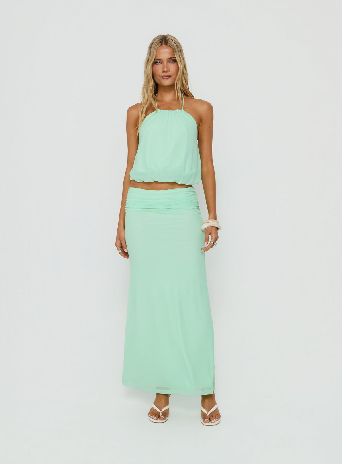 Featuring the Wild Dune Ruched Waist Maxi Skirt Green womens-skirts in maxi length product Princess Polly