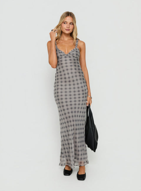 Baley Bias Cut Frill Maxi Dress Grey / White Check