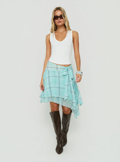 Featuring the Ophella Tie Waist Chiffon Midi Skirt Aqua Check in womens-skirts with midi length product Princess Polly
