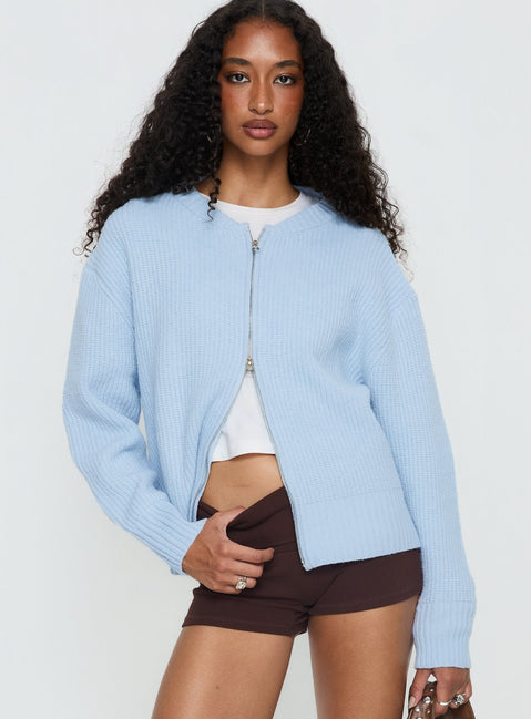 front view of model wearing Princess Polly Lexene Zip Through Jumper Baby Blue Longline Jumpers 