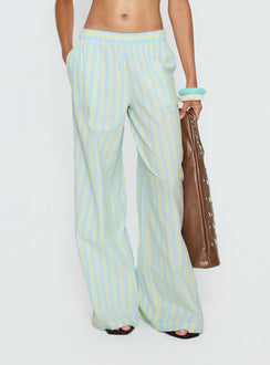front view of model wearing Princess Polly Talyssa Elasticated Waist Pants Blue Stripe Mid Rise Pants Pants 