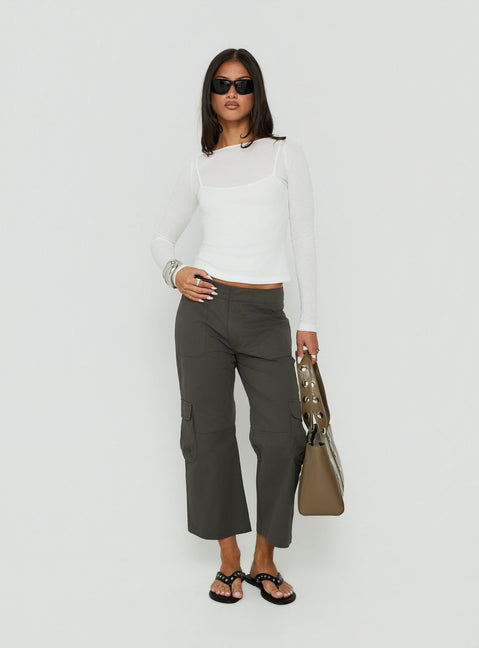 Featuring Indee Cropped Cargo Pants Charcoal in womens-regular-pants with mid-rise front view of model wearing Princess Polly