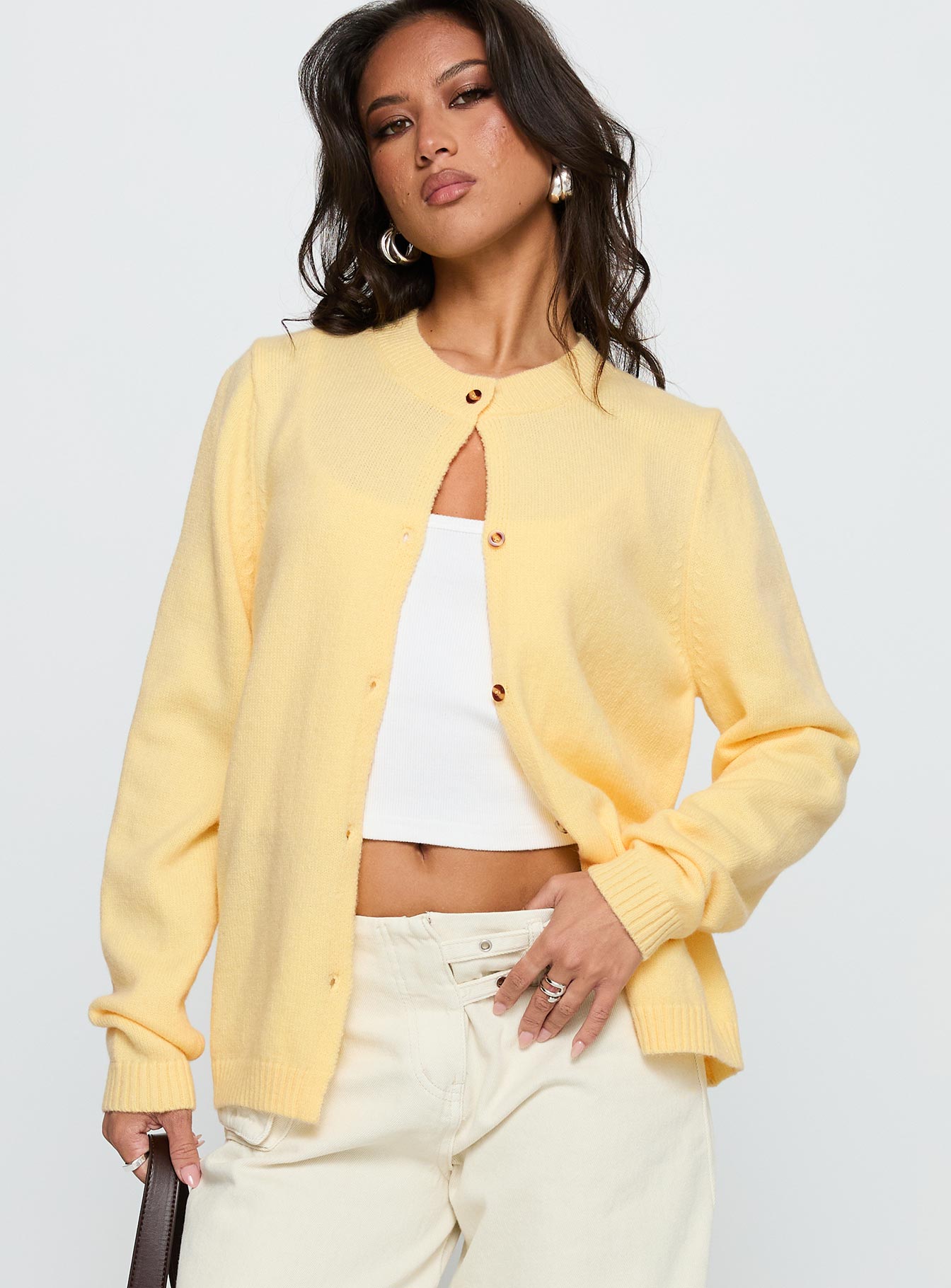 front view of model wearing Princess Polly Arica Button Up Knit Cardigan Lemon Longline Jumpers 