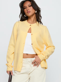 front view of model wearing Princess Polly Arica Button Up Knit Cardigan Lemon Longline Jumpers 