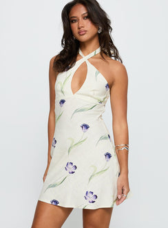 side view of model wearing Princess Polly Havenna Halter Linen Blend Mini Dress Cream Floral Plunger 
