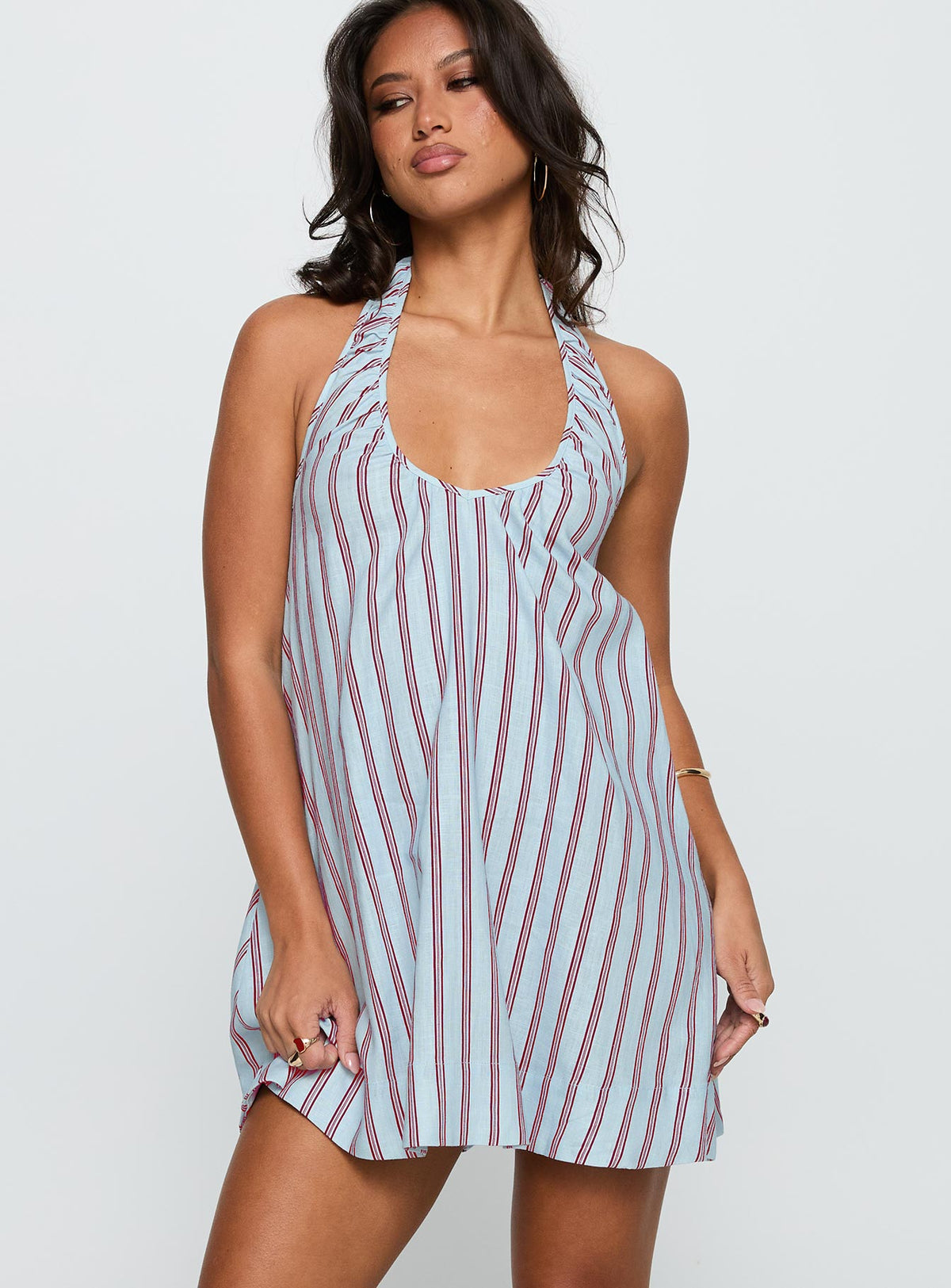 front view of model wearing Princess Polly Daydreams Linen Blend Halter Mini Dress Blue / Maroon Stripe Scoop Neck 