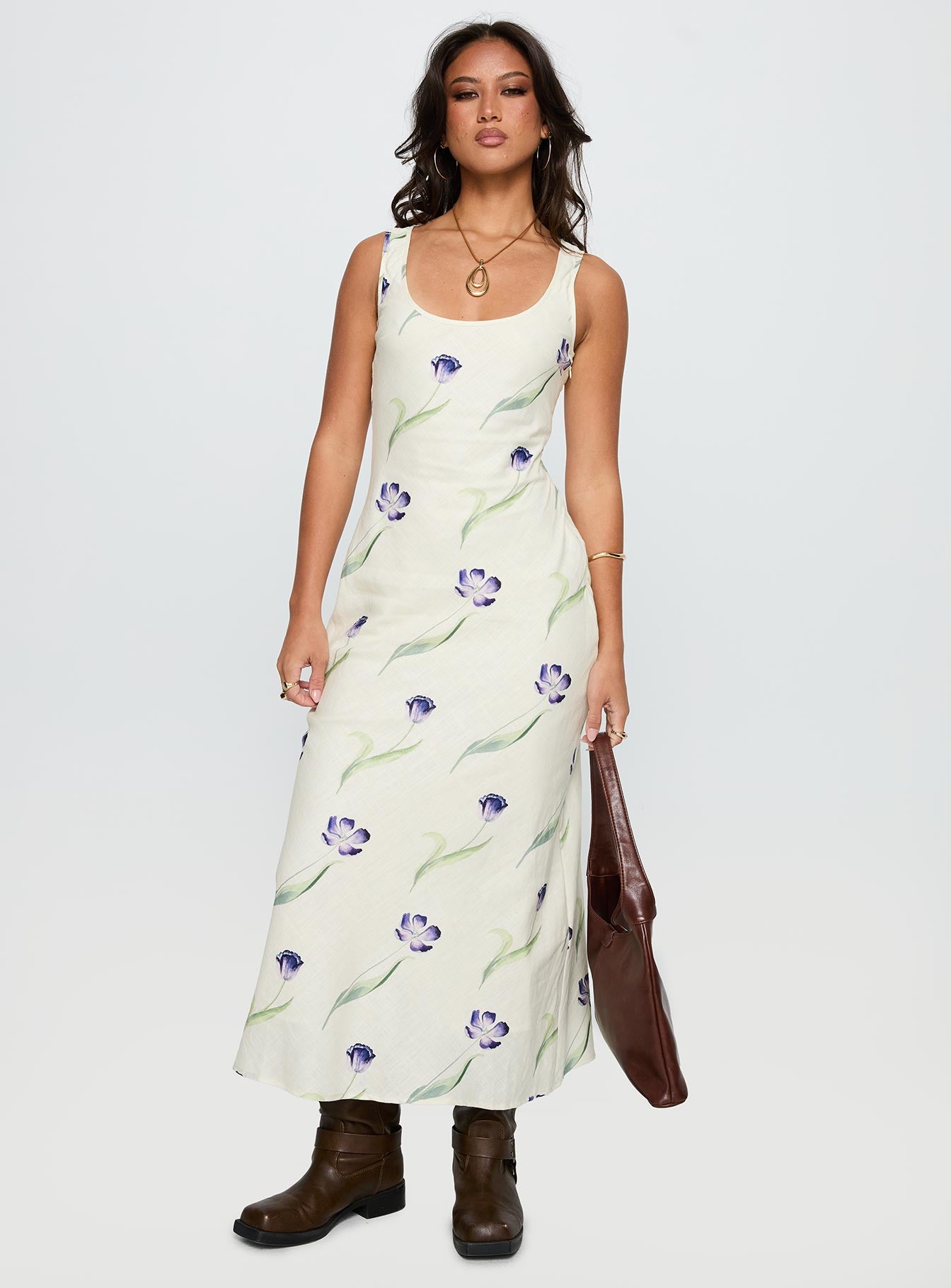 front view of model wearing Princess Polly Jessabelle Linen Blend Midi Dress Cream Floral Scoop Neck 