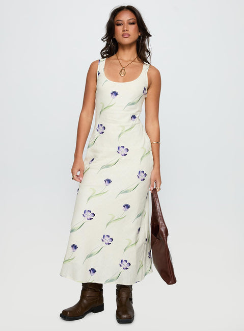 front view of model wearing Princess Polly Jessabelle Linen Blend Midi Dress Cream Floral Scoop Neck 