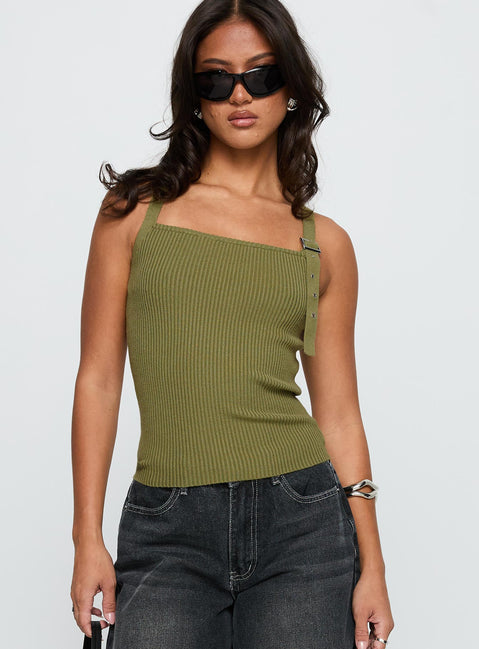 front view of model wearing Princess Polly Bare It All Buckle Detail Top Green Sleeveless Square Neck 