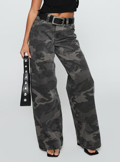 back view of model wearing Princess Polly Big Talk Mid Rise Straight Leg Jeans Grey Washed Camo Mid Rise Jeans Jeans 