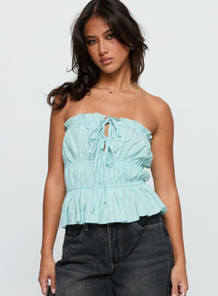 front view of model wearing Princess Polly Sombre Tie Detail Strapless Top Blue Sleeveless straight 