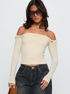 back view of model wearing Princess Polly Dusky Long Sleeve Top Cream Full Sleeves straight 