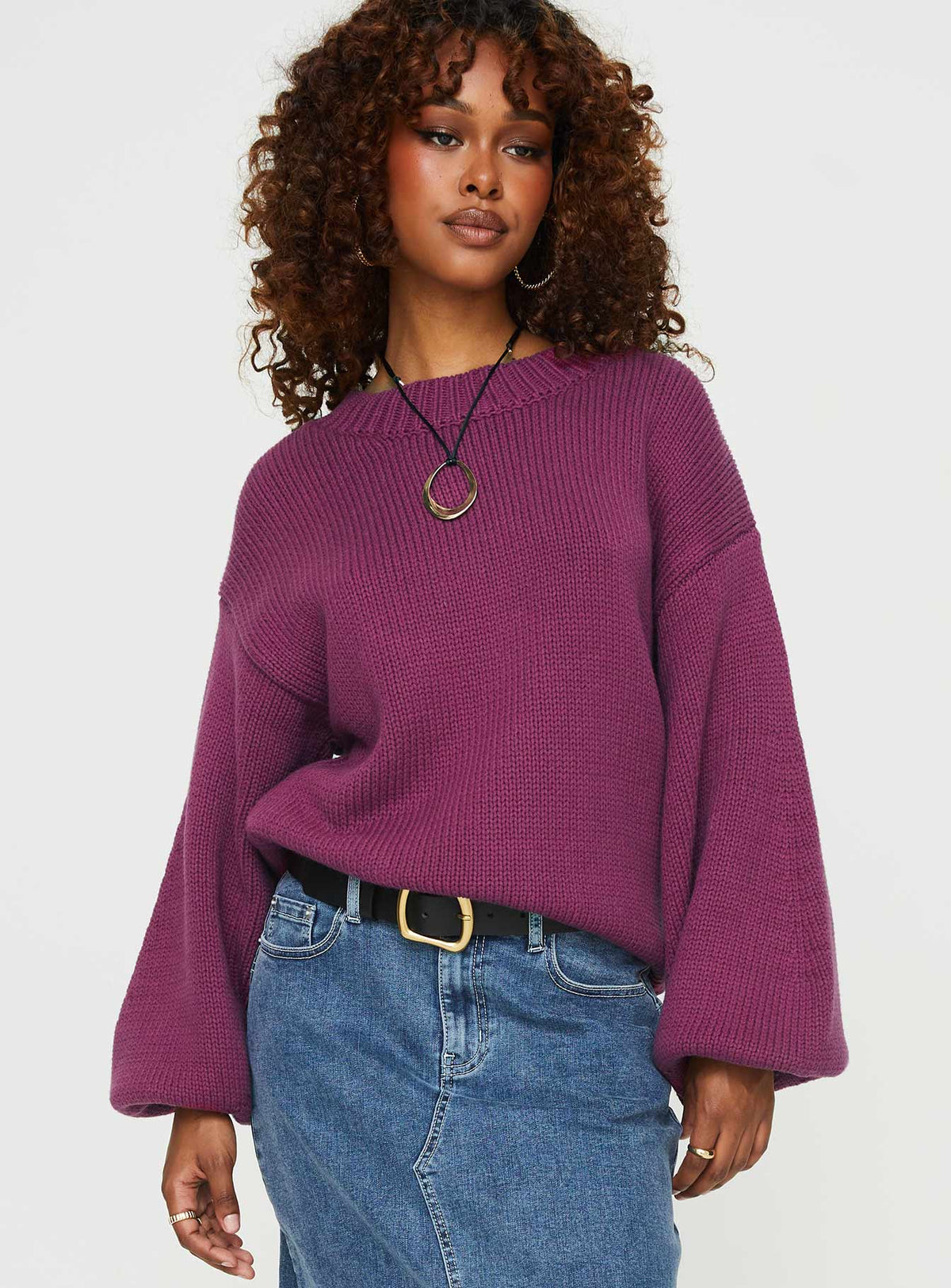 front view of model wearing Princess Polly Harmony Balloon Sleeve Knit Sweater Burgundy Jumpers 