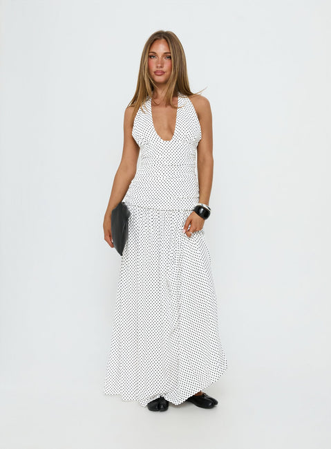 Millen Gathered Waist Halter Maxi Dress White Polka Dot