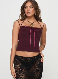 front view of model wearing Princess Polly Trynia Top Burgundy Sleeveless Square Neck 