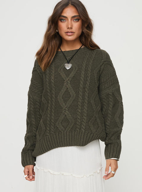 front view of model wearing Princess Polly Anaya Oversized Sweater Olive Longline Jumpers Jumpers 