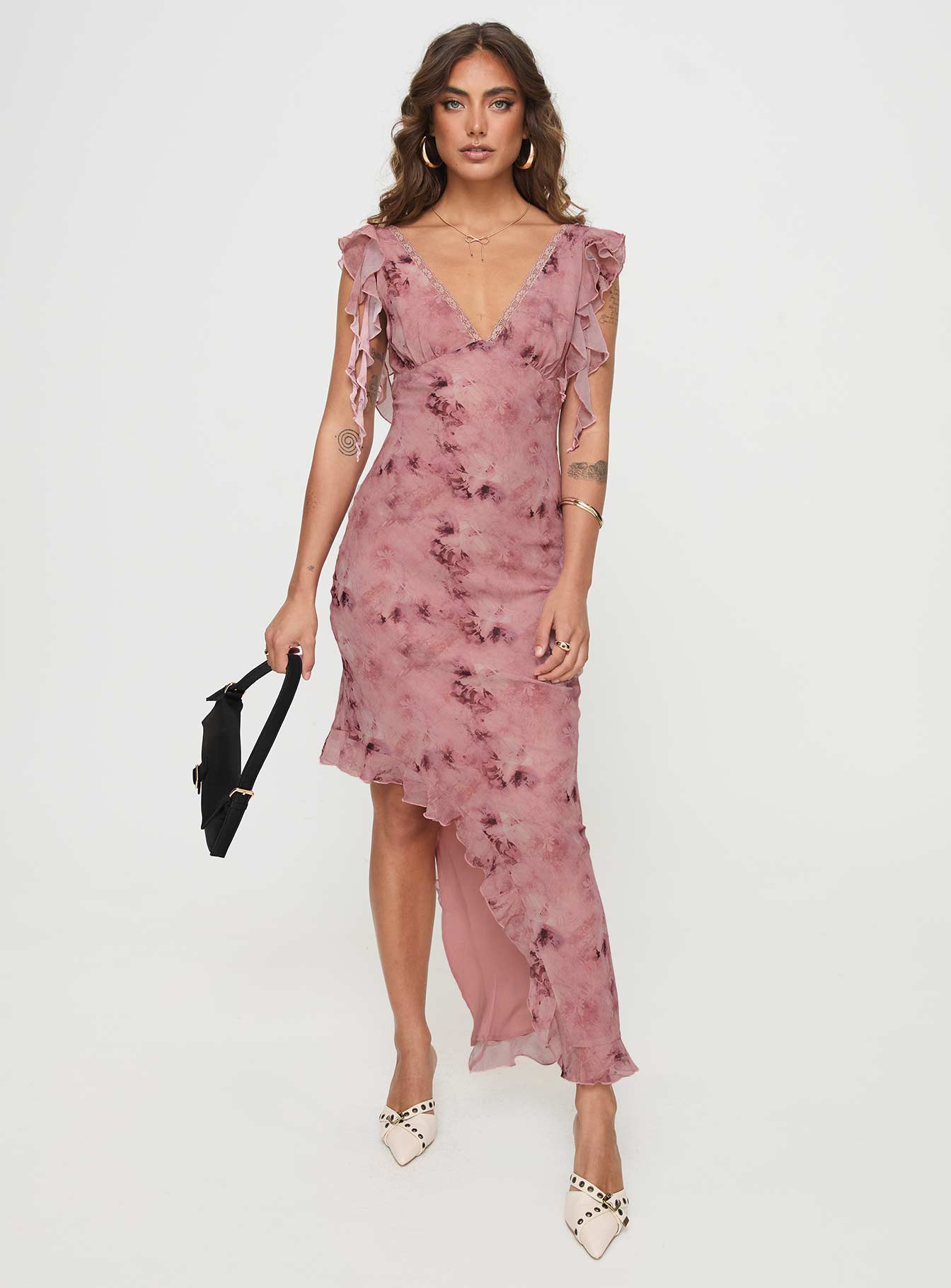front view of model wearing Princess Polly Vestige Midi Dress Pink Plunger 