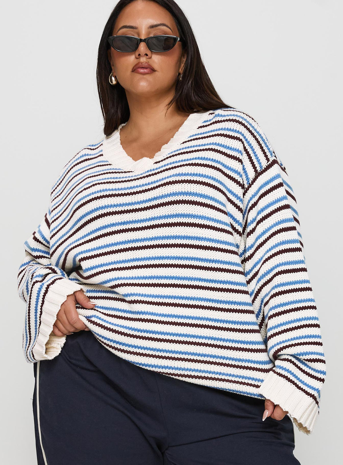 front view of model wearing Princess Polly Karolyn Sweater Blue Stripe Curve 