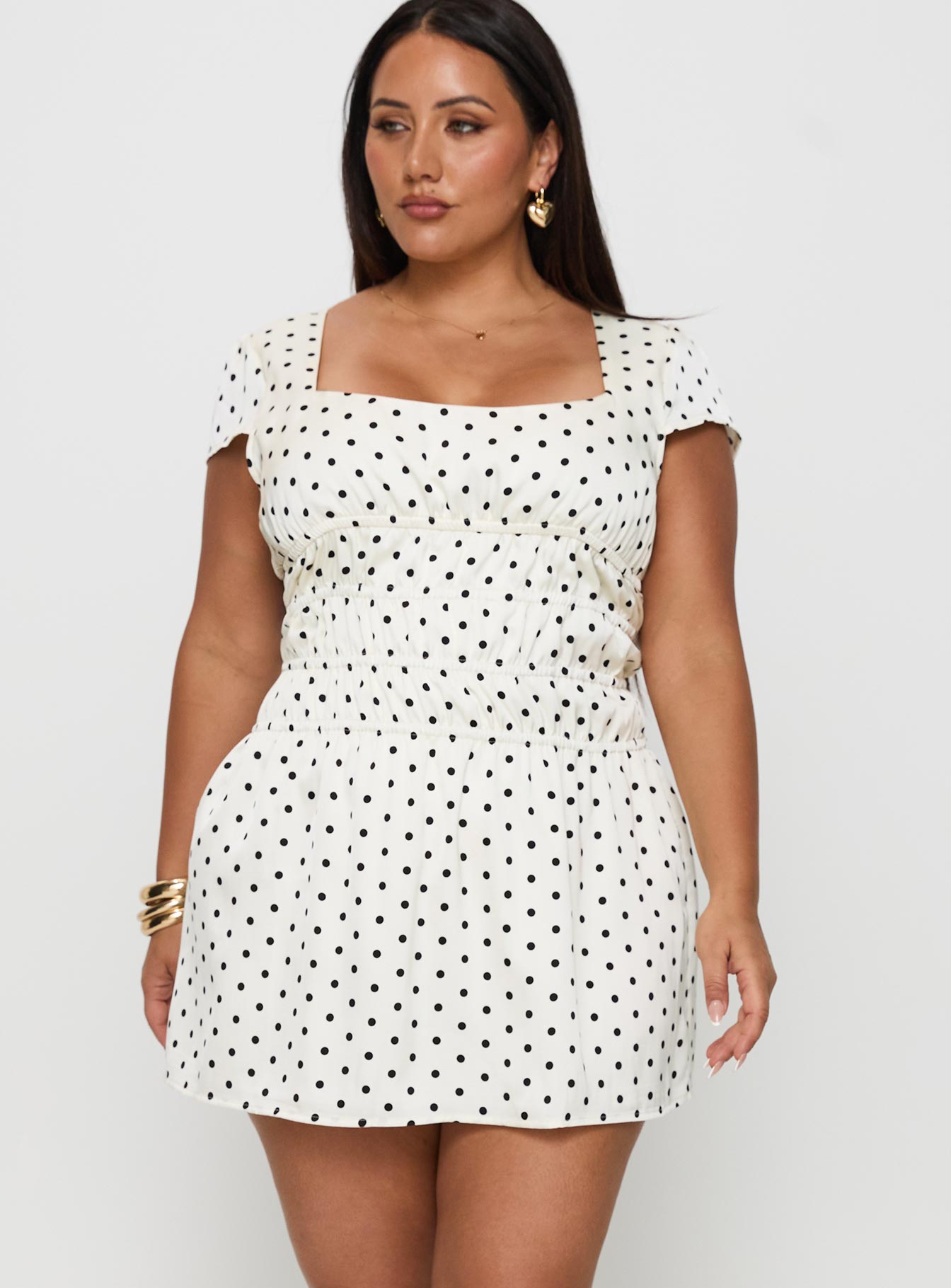 back view of model wearing Princess Polly Evangelie Ruched Mini Dress White Polka Curve Square Neck 
